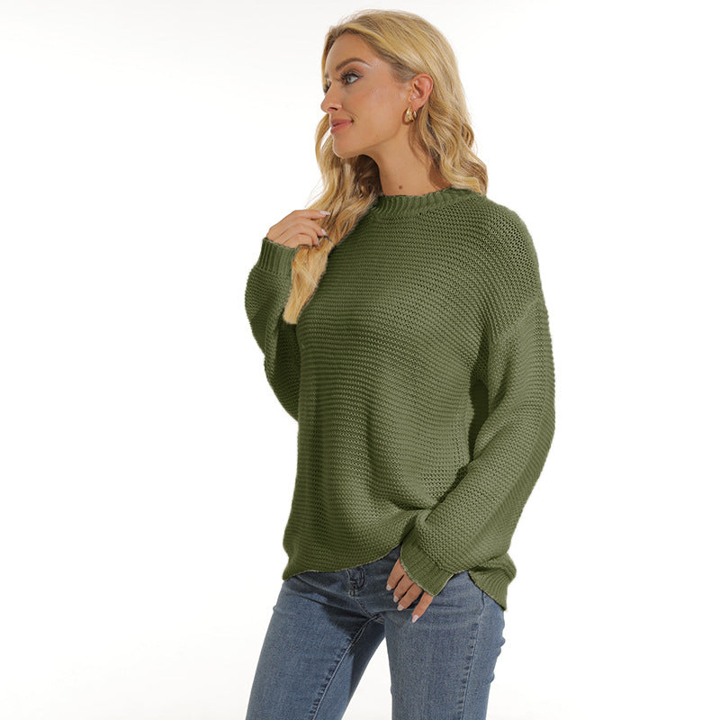 Women’s army green knit pullover sweater with crew neck, long sleeves and ribbed cuffs
