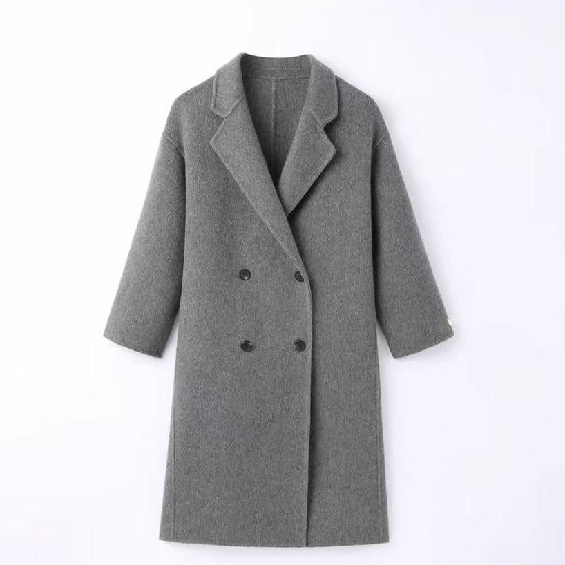 Gray long wool coat with notched lapels and double-breasted button front