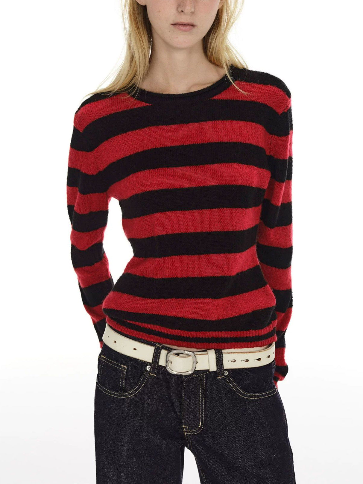 Striped Crewneck Sweater for Women — Fitted Ribbed Knit Pullover in Wool Blend