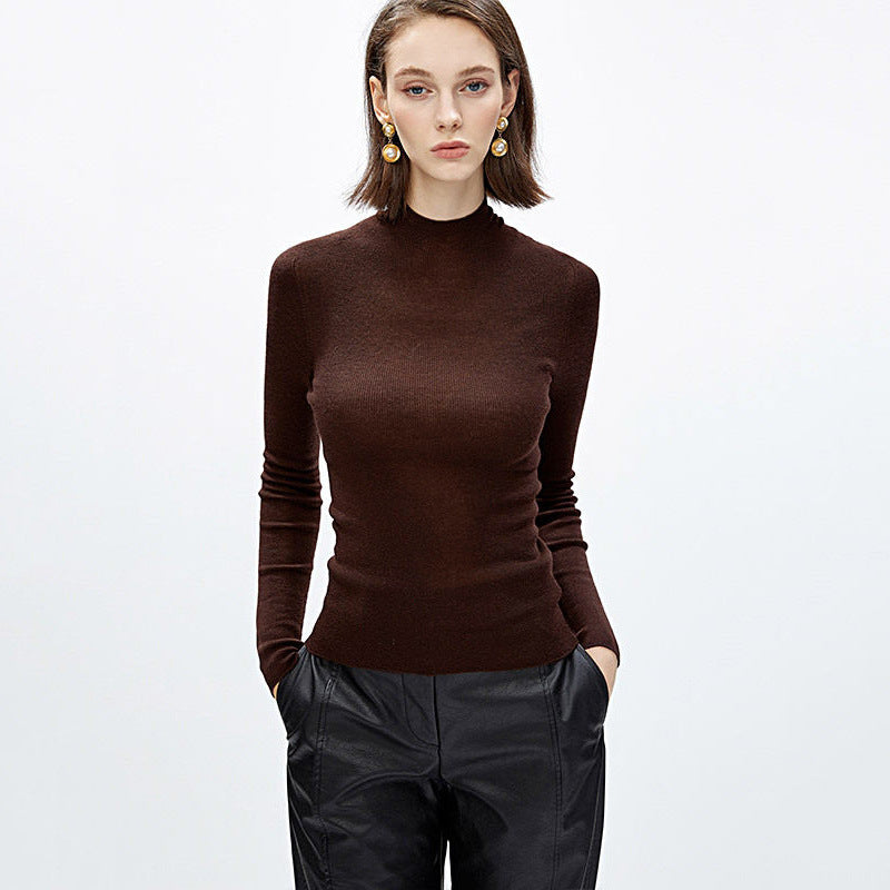Merino wool turtleneck knit sweater, brown, long sleeves, semi-high collar