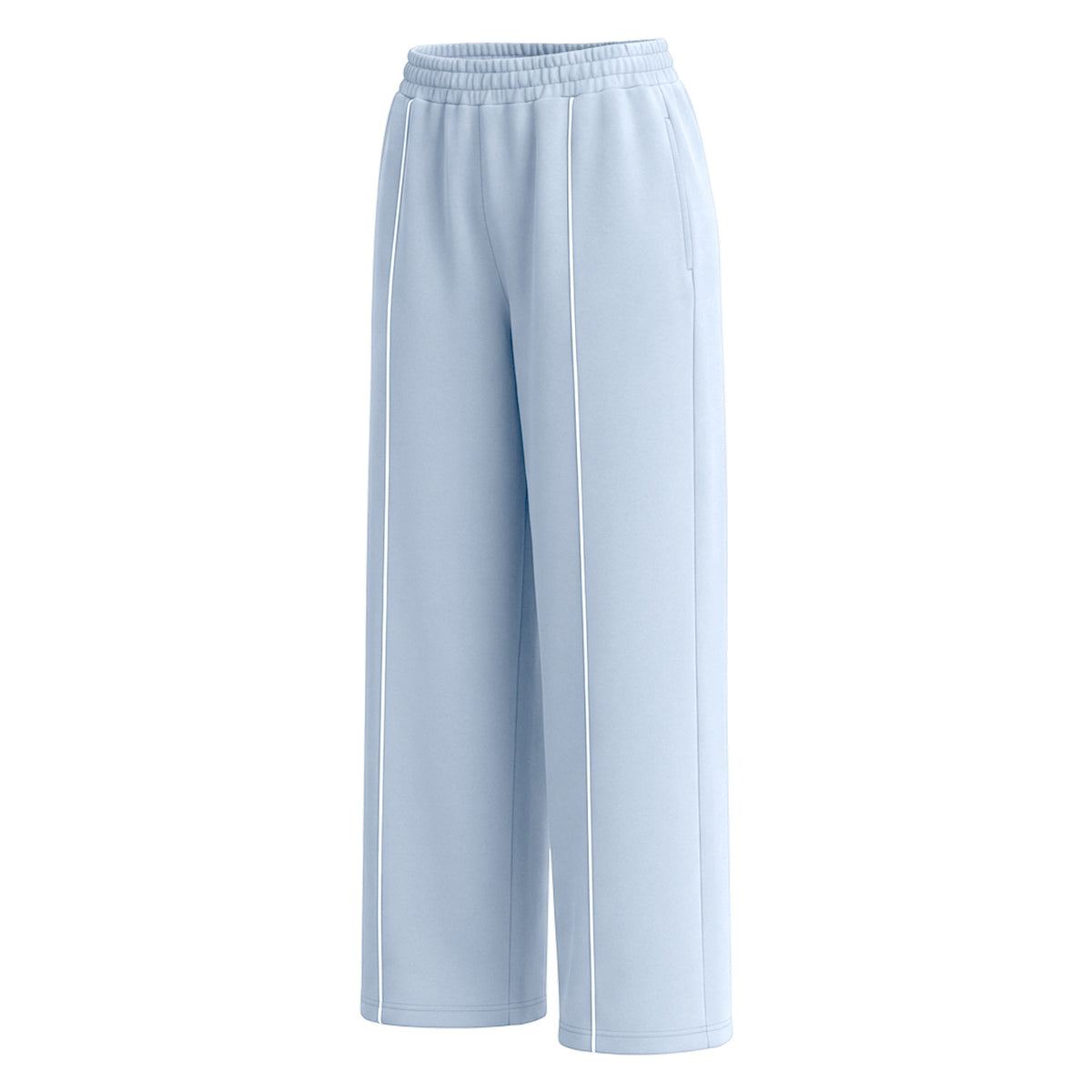 Light blue wide-leg yoga pants with elastic waistband and vertical white stripe
