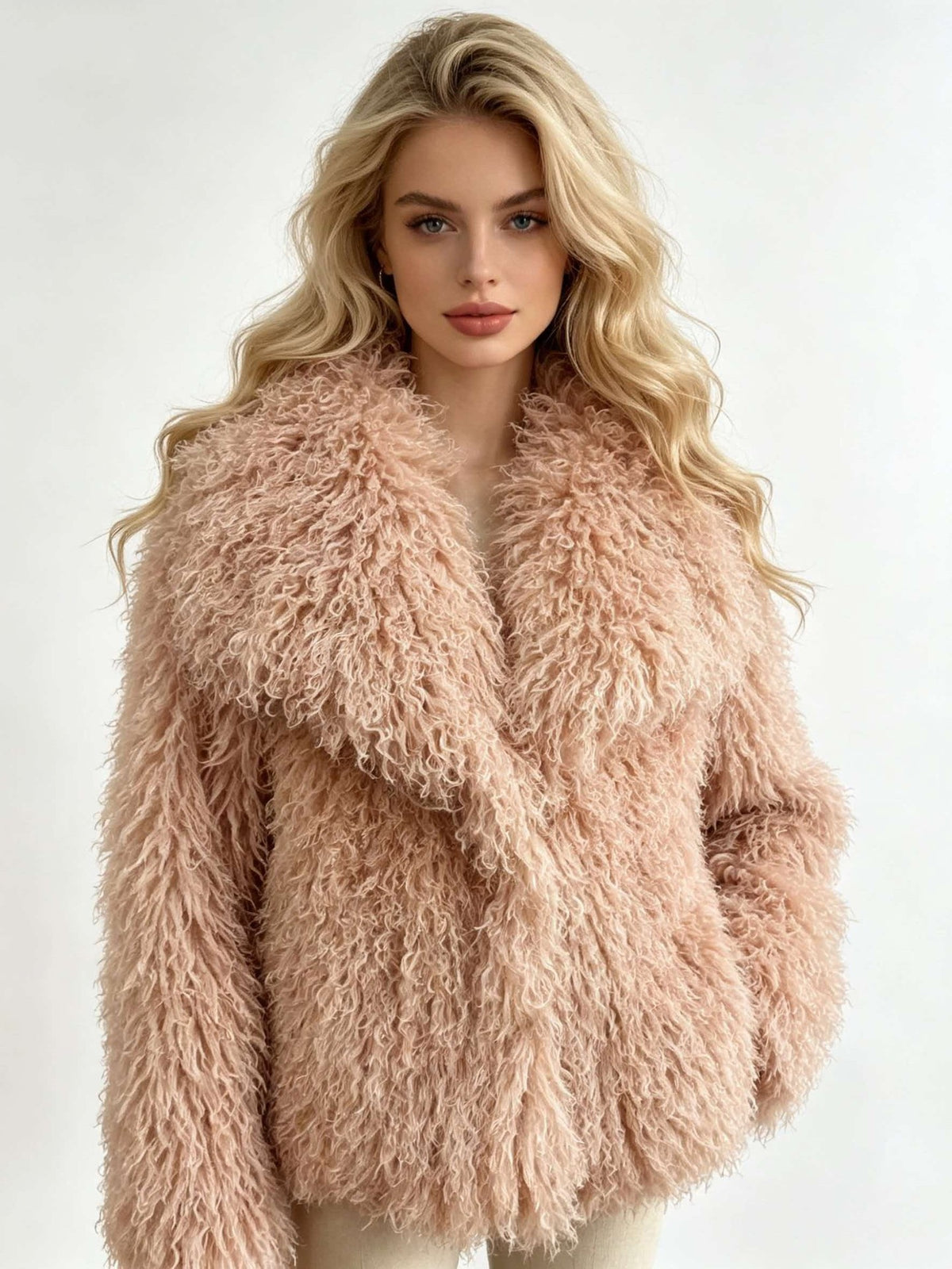 Blush pink shaggy fur coat with open front and wide, draped sleeves