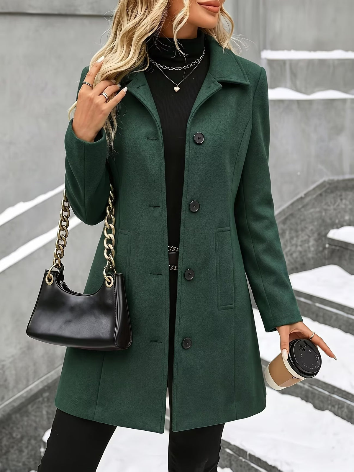 Women’s mid-length wool coat in dark green, turn-down collar, single-breasted button front