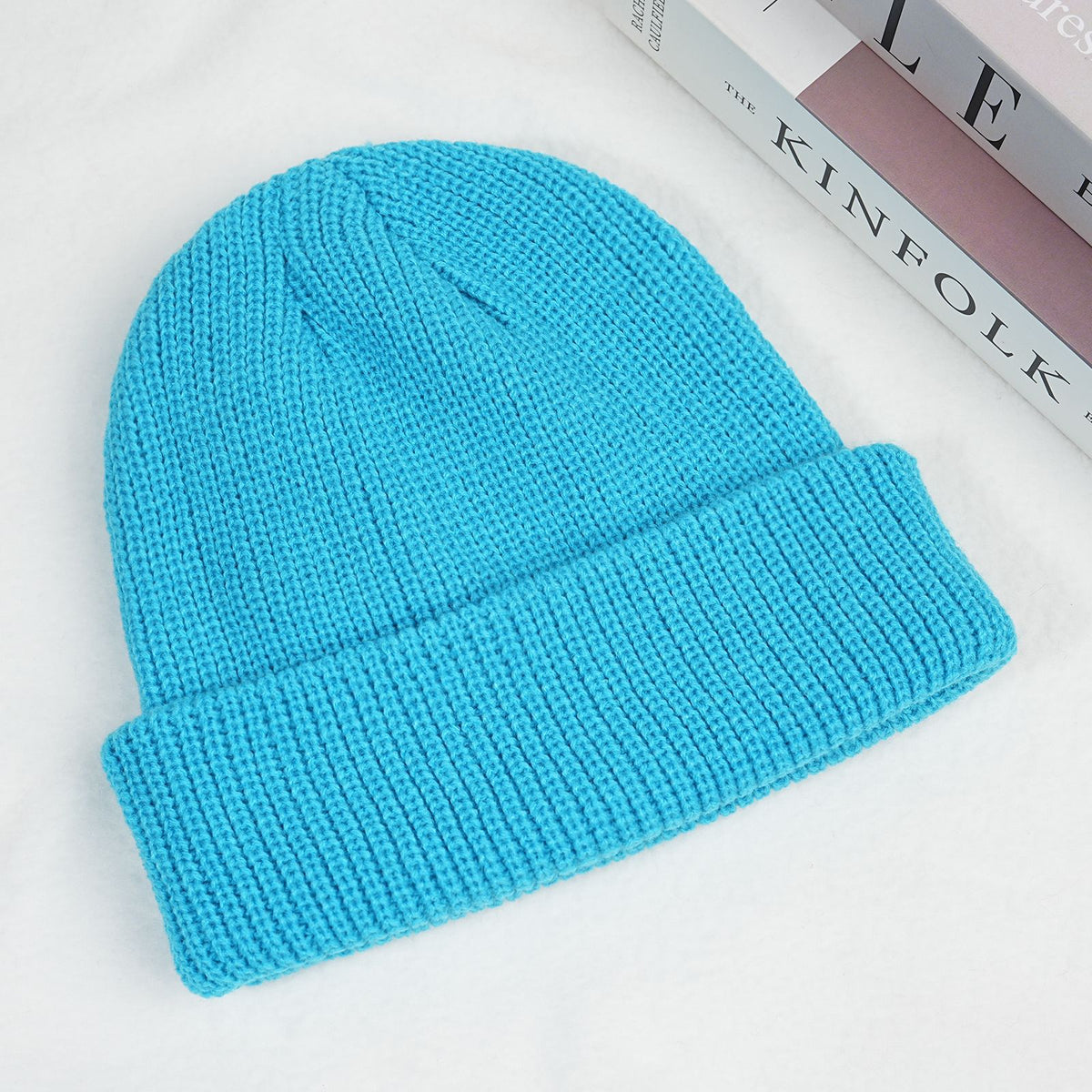 Thick knitted beanie hat in lake blue with ribbed cuff and folded brim