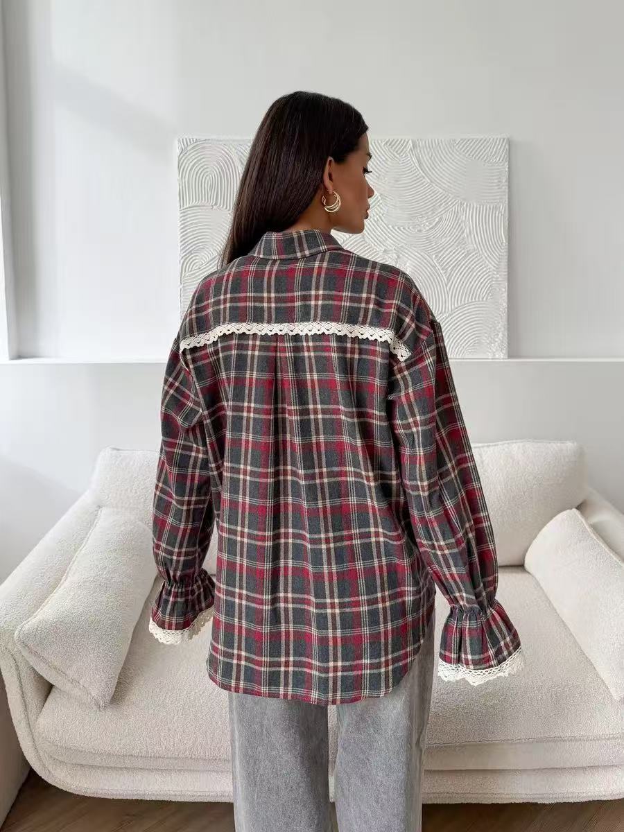 Plaid Flannel Shirt for Women — Oversized Button Down with Lace Trim Cuffs