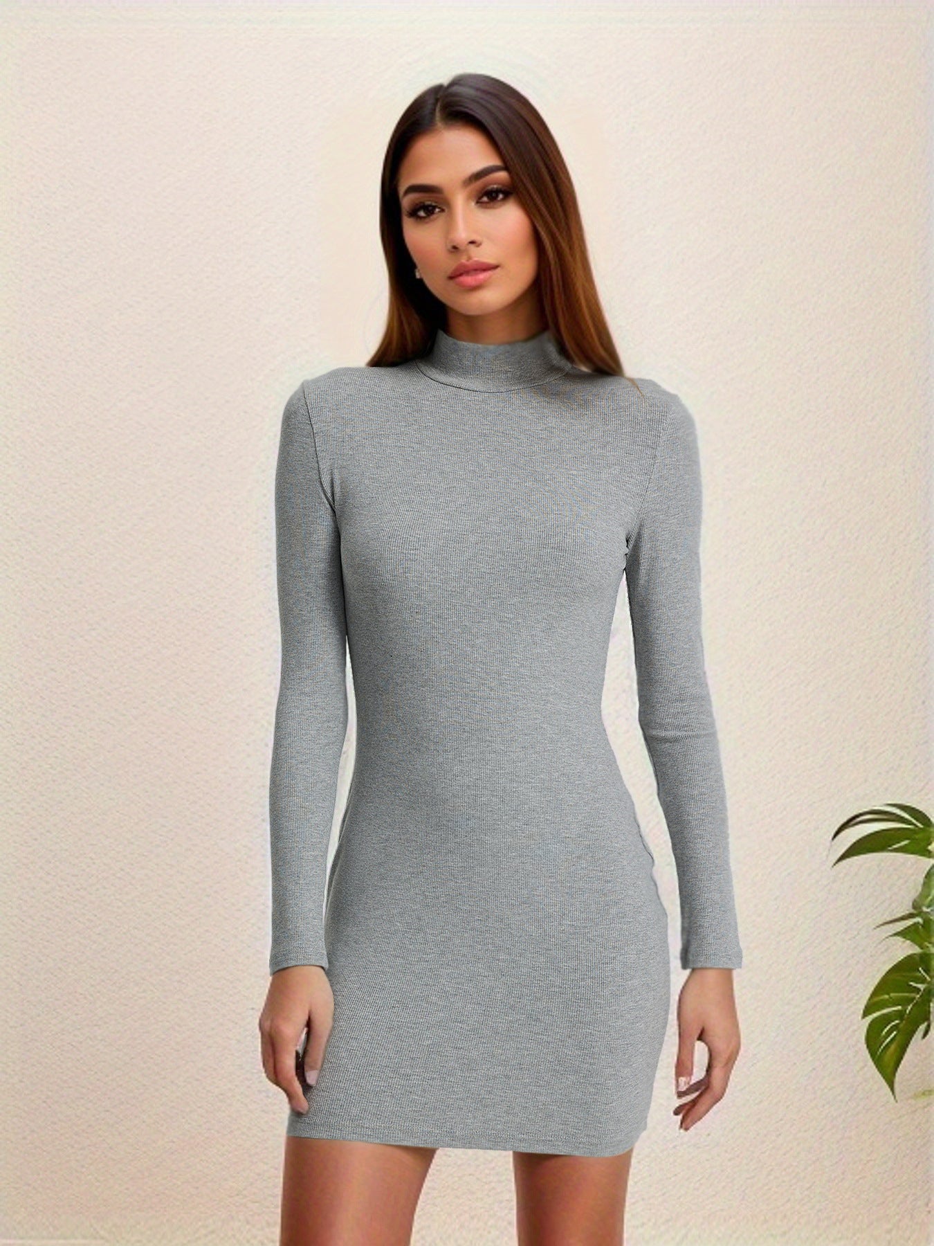 Women's rib-knit slim-fit dress, heather grey, half-high neck, long sleeves