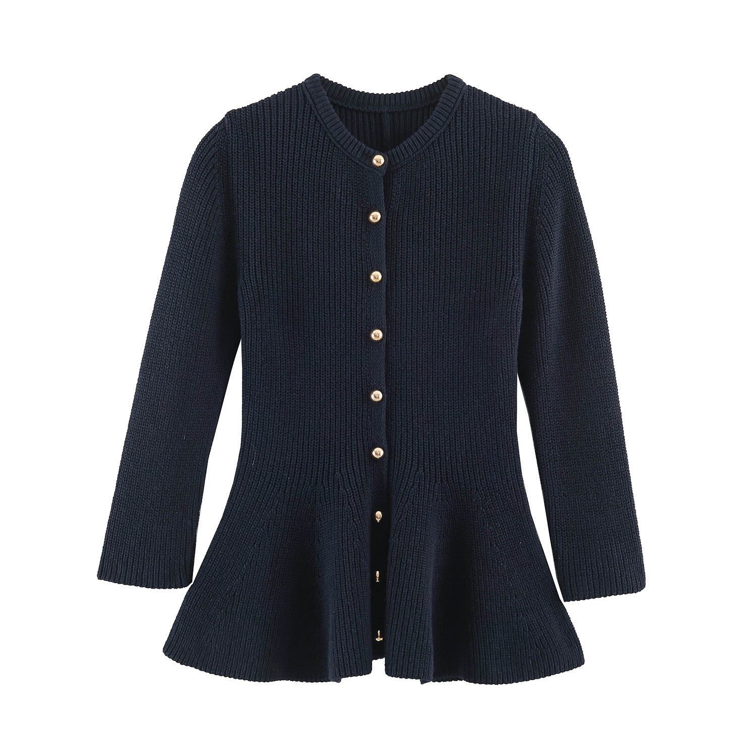 Dark blue chunky knit cardigan with ribbed peplum hem and gold-tone button placket