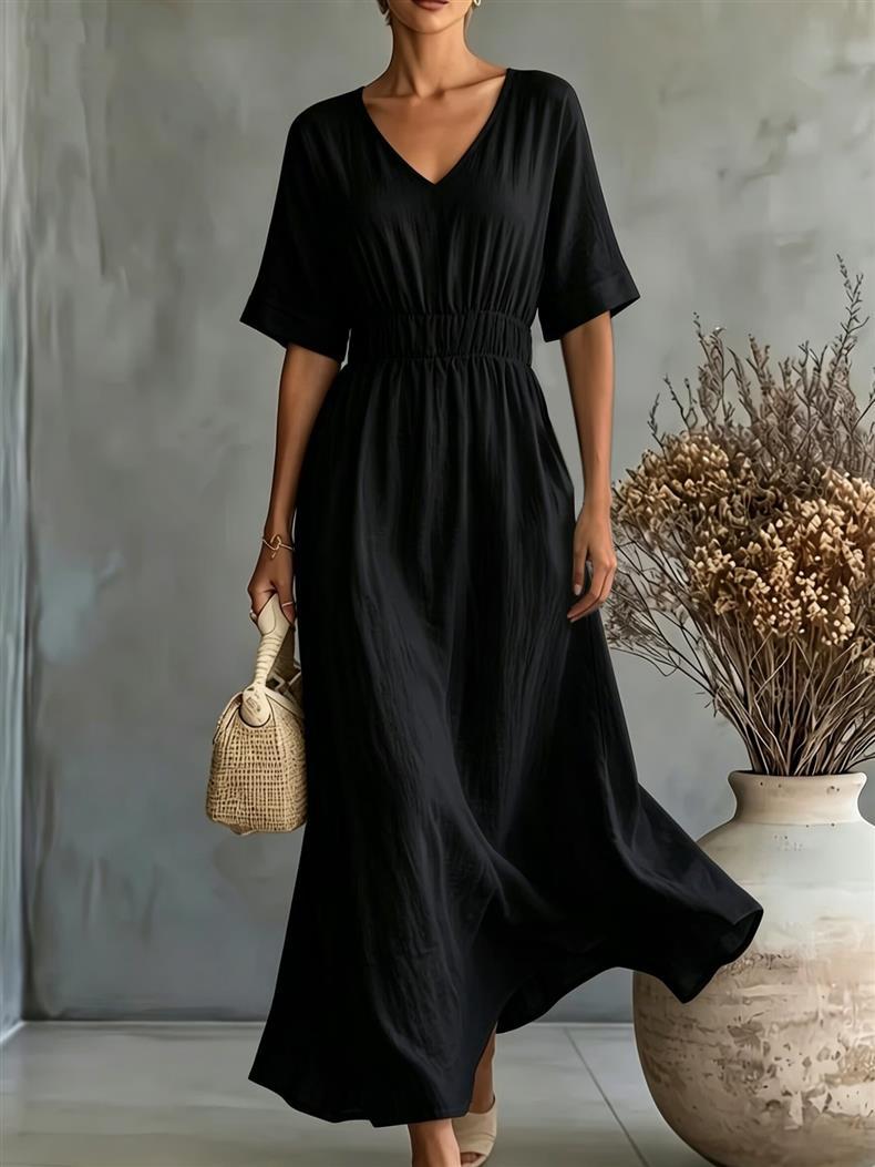 Short Sleeve Maxi Dress — V Neck Smocked Waist Style with Flared Skirt in Viscose