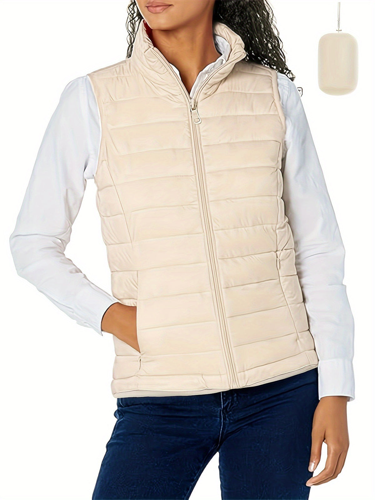 Off-white women’s puffer vest with stand collar and full-length front zipper