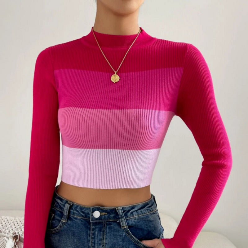 Long Sleeve Crop Top for Women — Mock Neck Color Block Slim Fit in Ribbed Knit