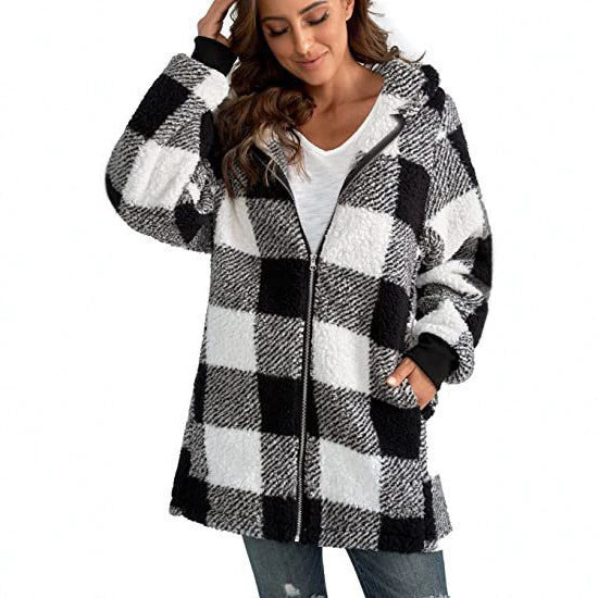 Women's plush plaid hooded zip-up jacket in black and white with front pockets