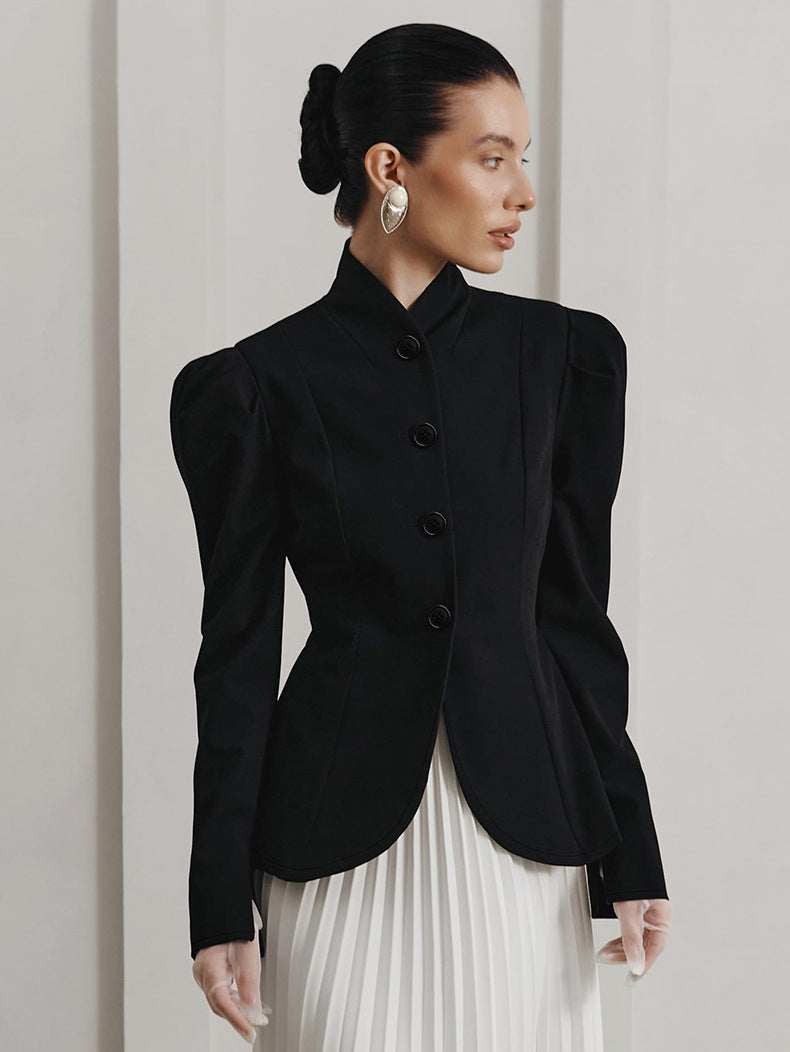 Fitted Blazer for Women — Stand Collar Puff Sleeve Jacket in Wool Blend