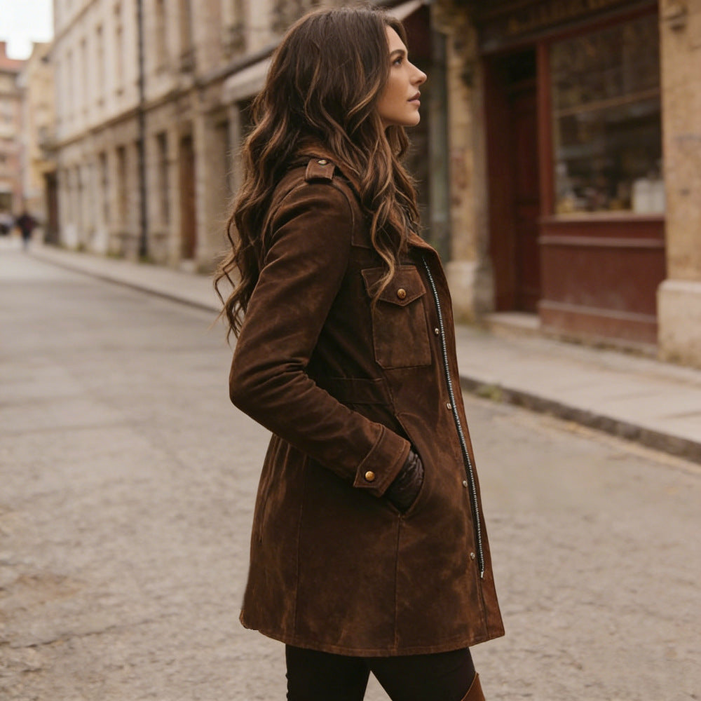 Dark brown faux suede field coat for women, side view, button front, flap pockets