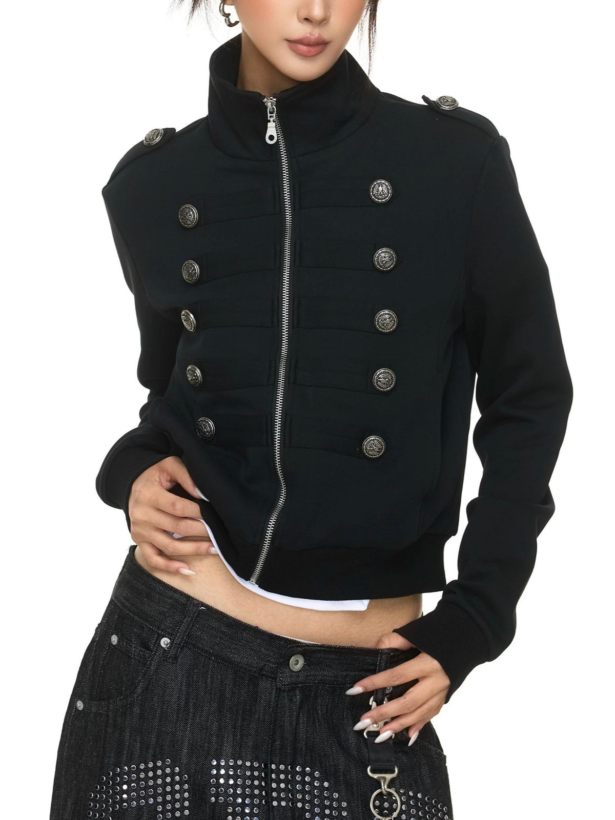 Black zip-front double-breasted cardigan jacket with stand collar and decorative buttons