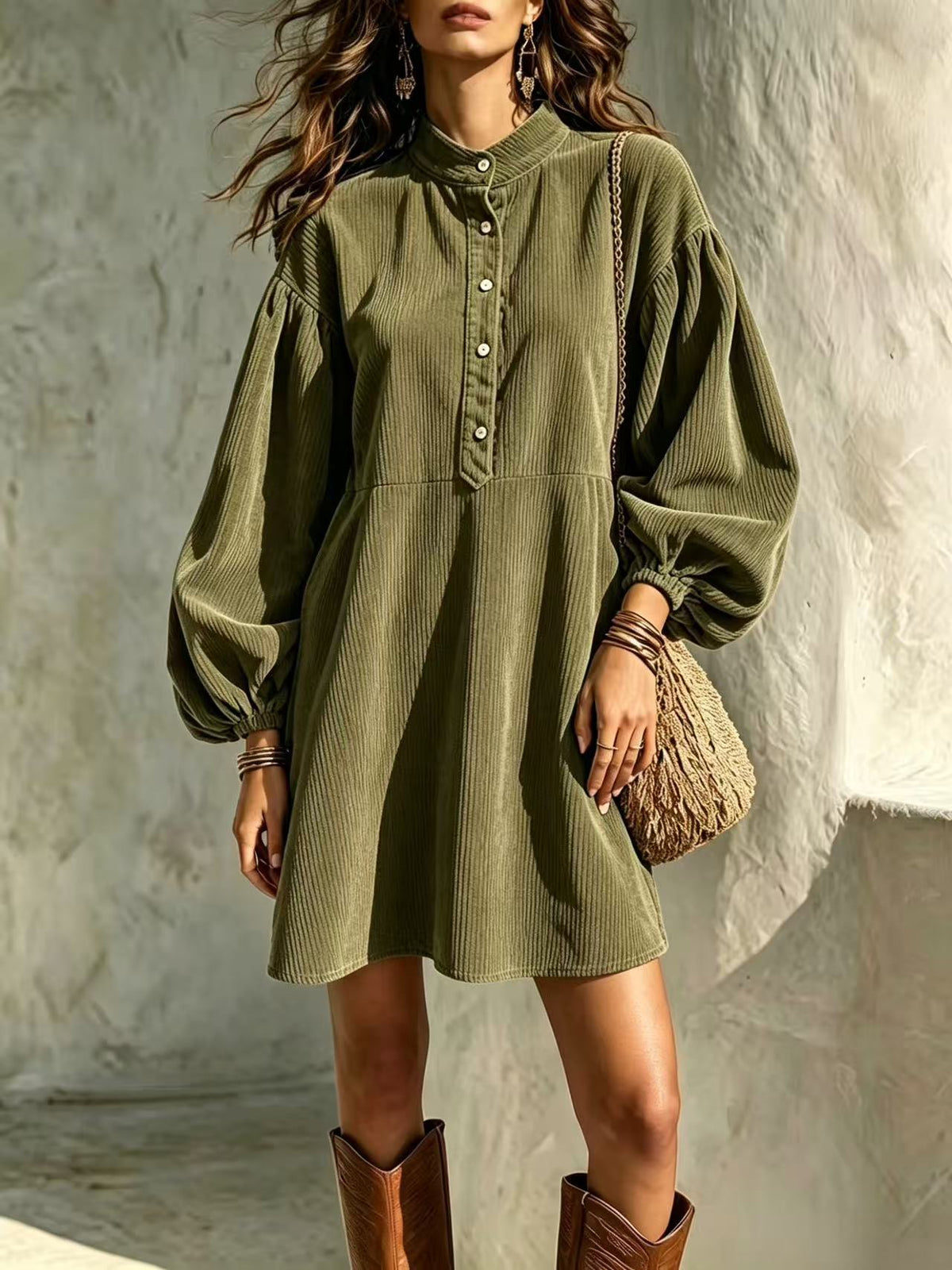Olive green corduroy dress with stand-up collar, button-front, and lantern sleeves