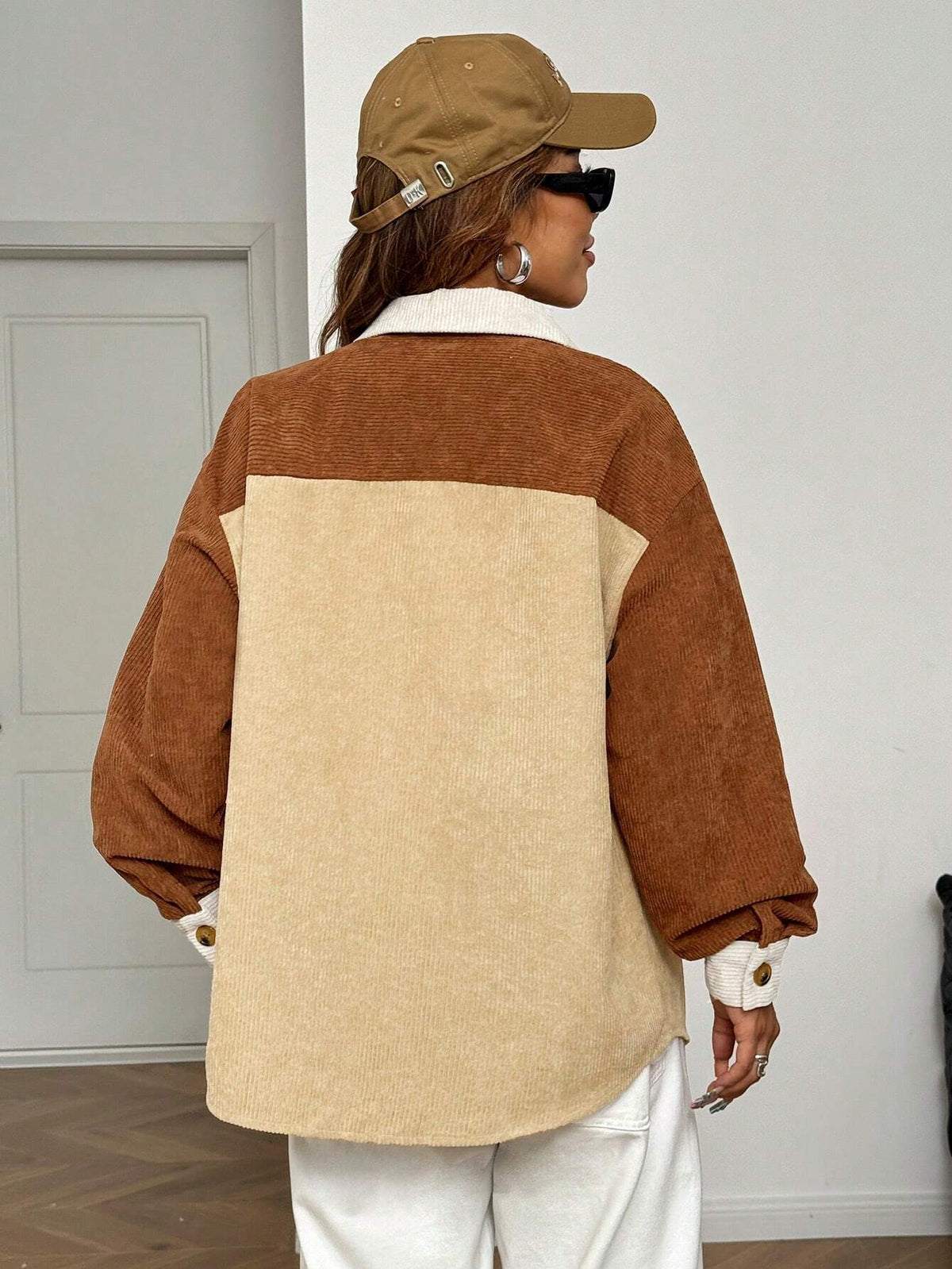 Women’s corduroy colorblock jacket, brown back with tan panel, button-up placket