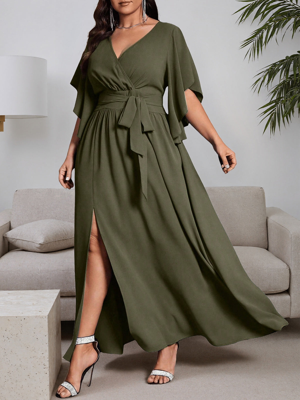 Olive green plus-size maxi dress with V-neck, tie waist, side slit, flutter short sleeves