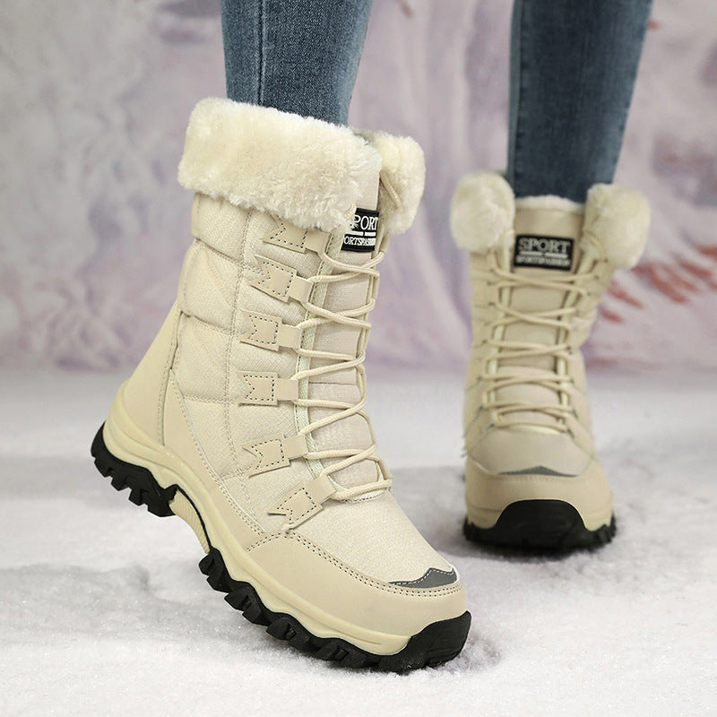 Women’s mid-calf snow boots in light beige with plush fleece trim and lace-up closure