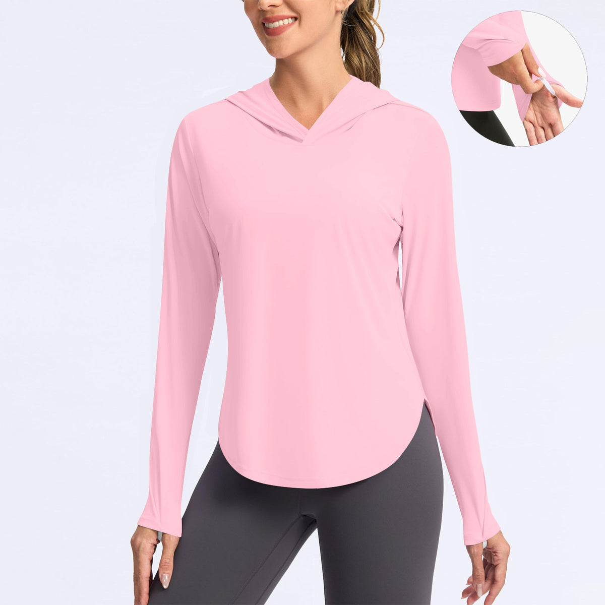 Women's hooded sun protection shirt, long-sleeve, pink V-neck with hood
