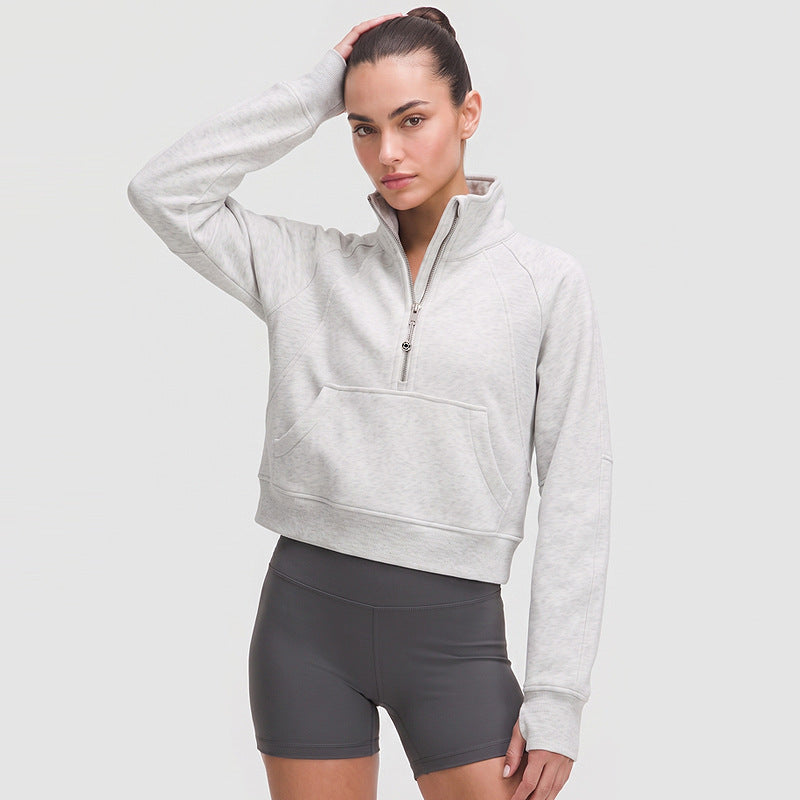 Half-zip fleece-lined sports jacket, light gray, front quarter zip view