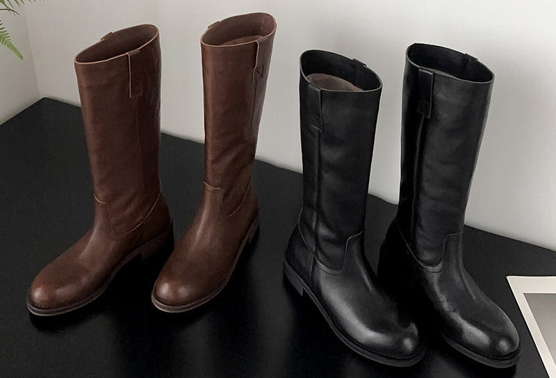 Leather Riding Boots for Women — Flat Knee High Style with a Low Stacked Heel