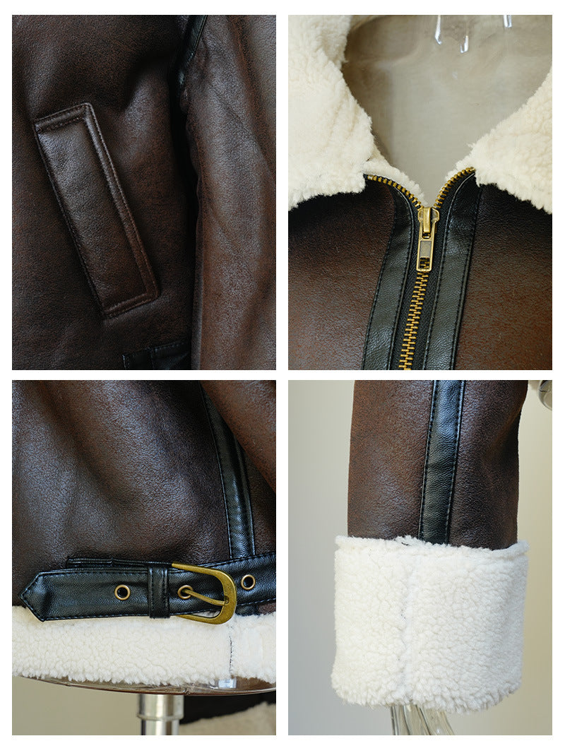 Brown leather jacket details: front pocket, gold zipper, cream sherpa cuffs