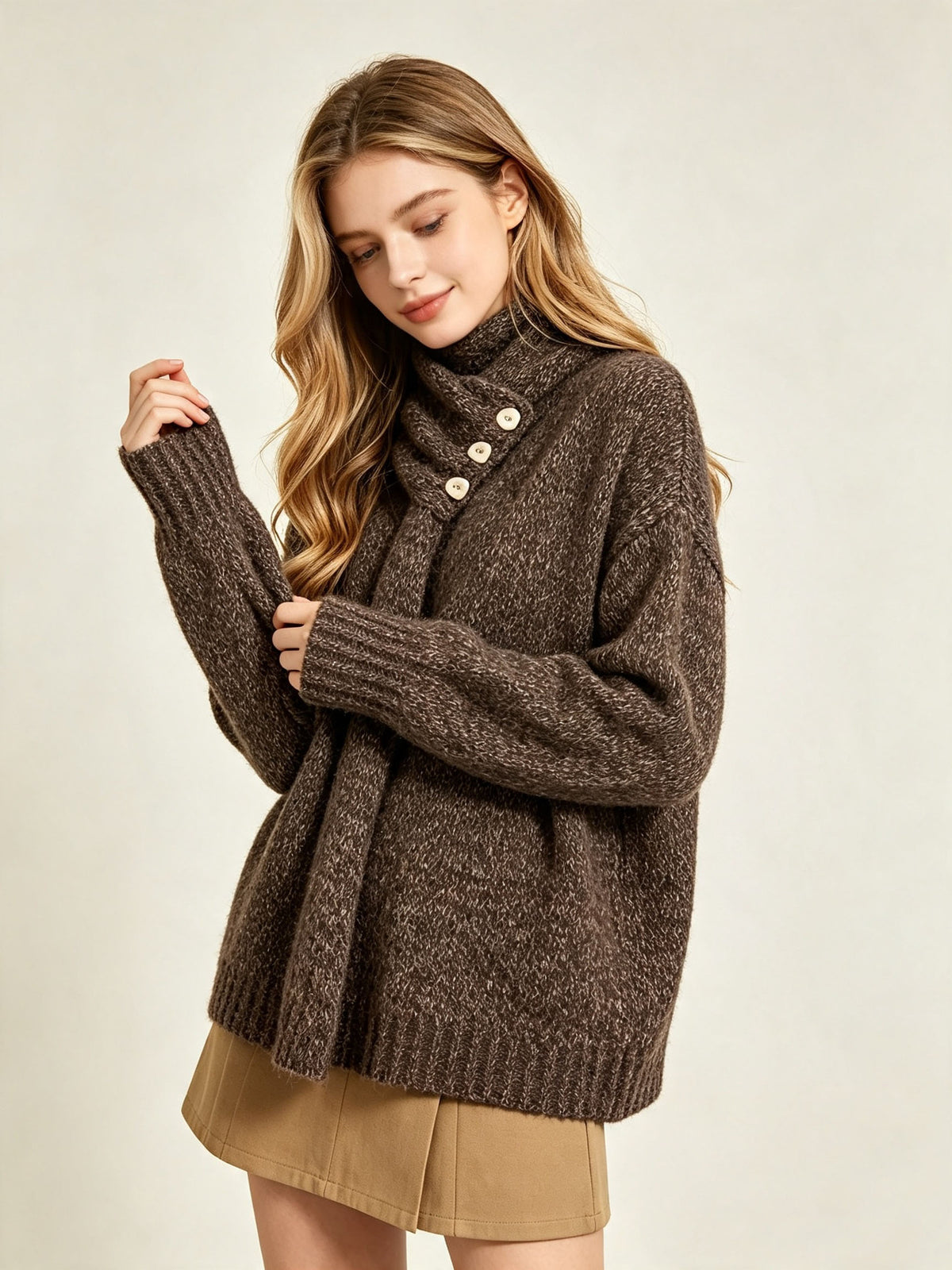 Women's brown wool knit sweater with chunky knit scarf collar and two-button front