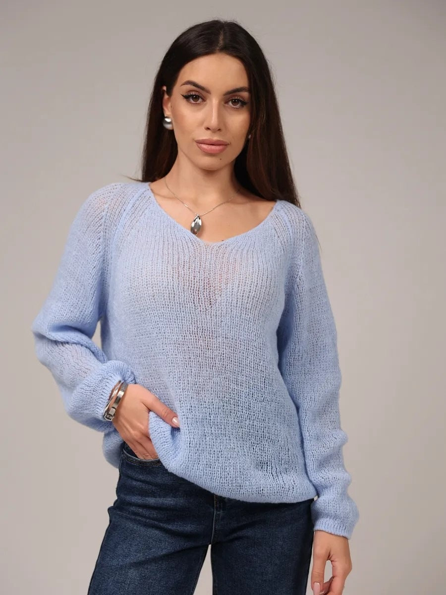 Open Knit Sweater for Women — Sheer Oversized V Neck Pullover in Lightweight Mohair