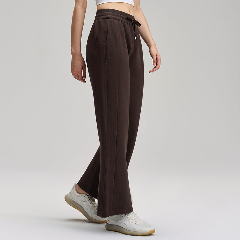 Fleece-lined wide-leg pants in dark brown, mid-waist drawstring and loose straight fit