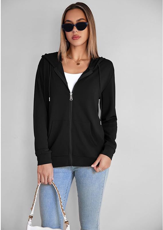 Black zip-up hoodie with hood drawstrings and kangaroo pocket