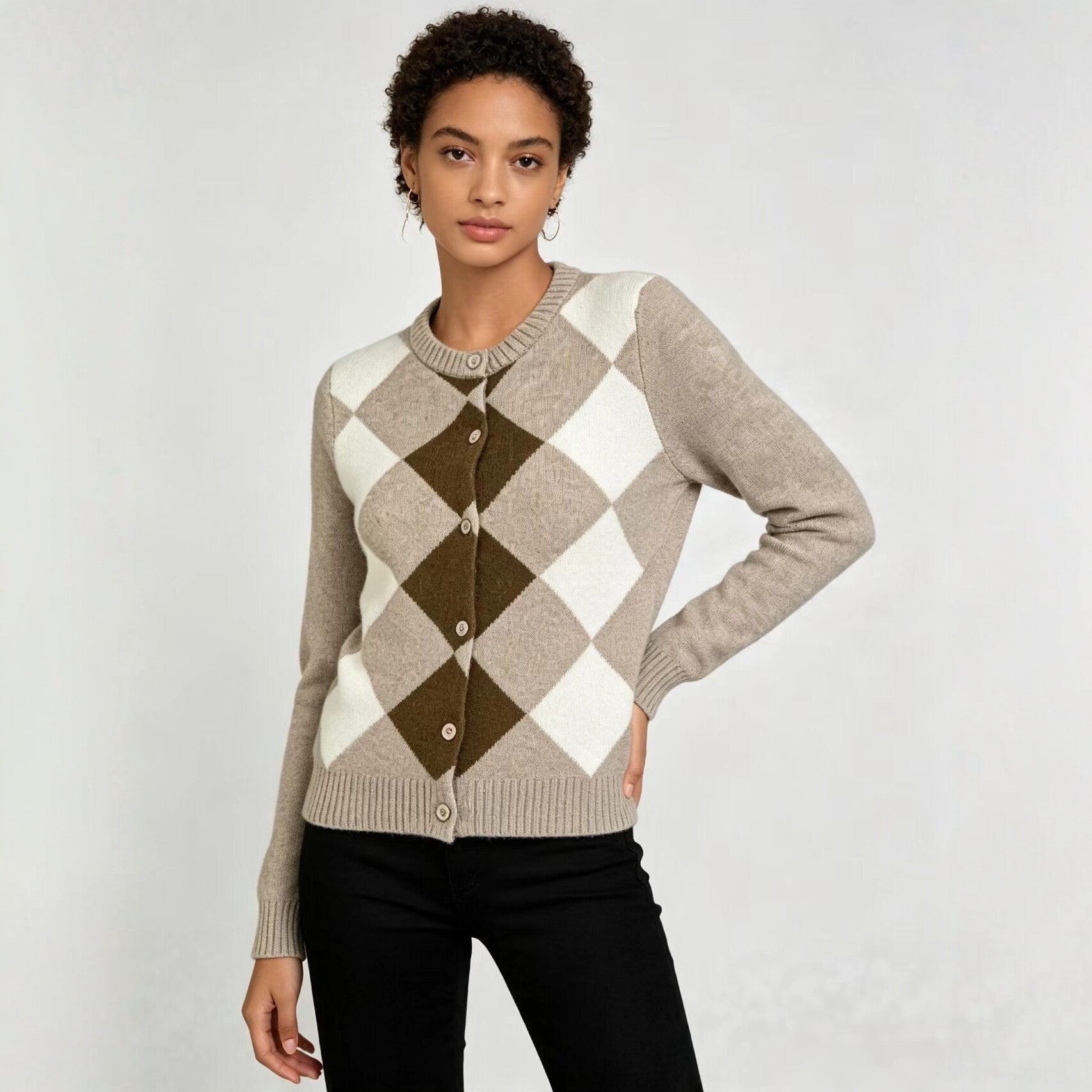 Argyle Cardigan for Women — Button Front Diamond Knit Preppy Style in Soft Wool