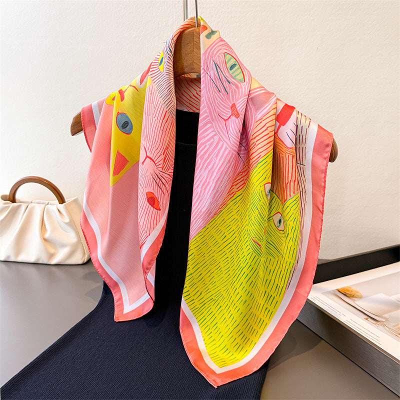 Cat-print silk-look square scarf with pink, yellow, and orange accents