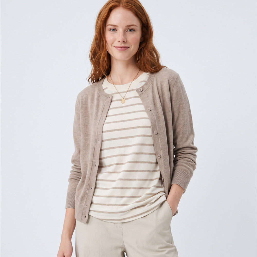 Women’s beige cardigan with button front and faux striped tee underlayer
