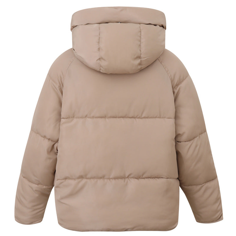 Women’s hooded short puffer coat in light tan with quilted padding and full front zip