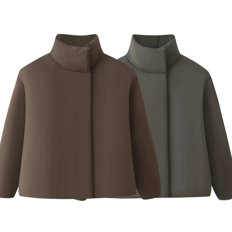 Taupe and gray oversized puffer jackets with funnel neck and high collar