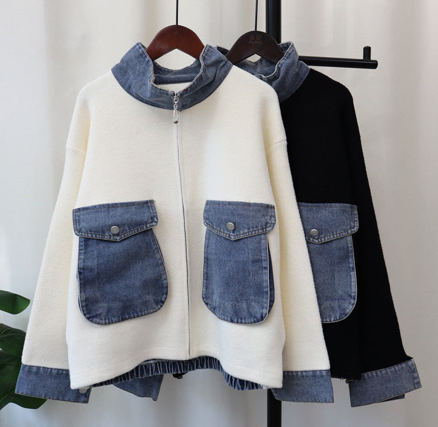 White zip-front knitted cardigan with blue denim patch pockets and ribbed hem