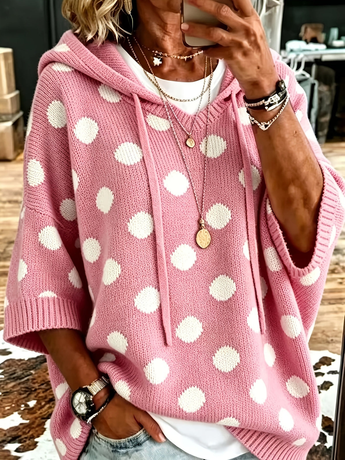 Women’s hooded wool sweater top in pink with white polka dots, loose knit
