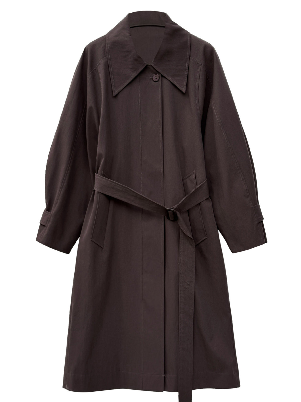 Women’s brown lapel trench coat with button front and tie-waist belt