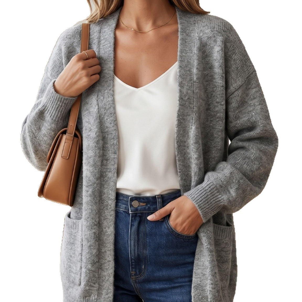 Gray long knit cardigan with open front, ribbed cuffs, and patch pockets
