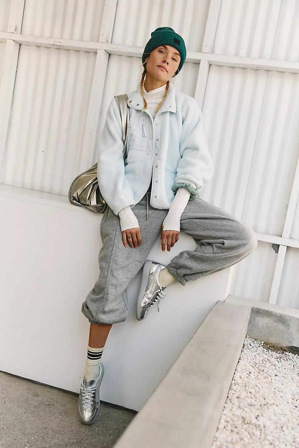 Women’s light gray plush jacket with vertical collar and button front