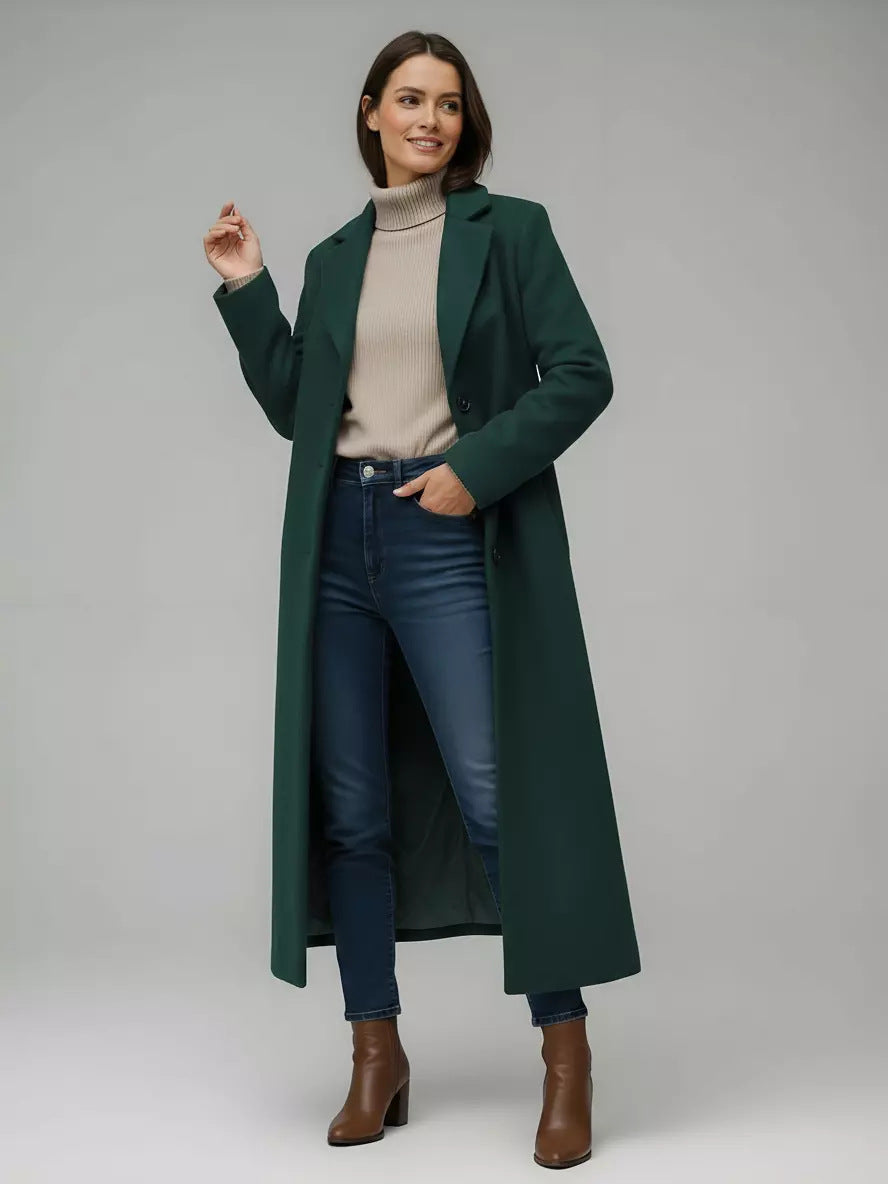 Women’s long wool coat, dark green with notched lapels and button front