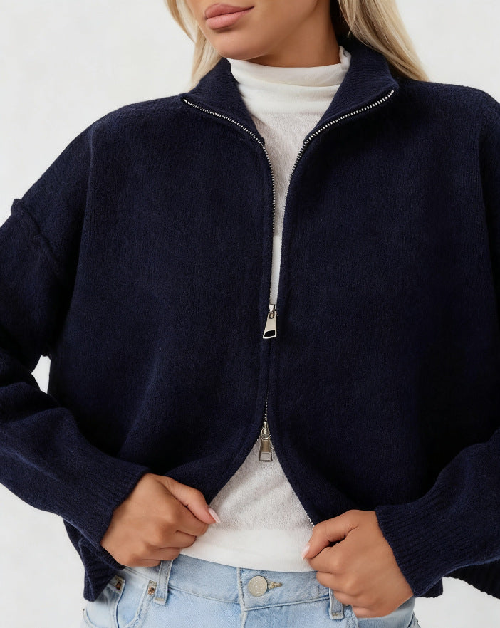 Zip Up Cardigan for Women — Oversized Stand Collar Knit in Soft Wool Blend