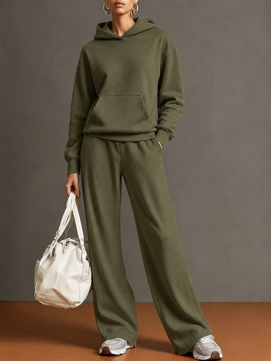 Women's hooded sweatshirt and wide-leg pants set, army green, loose fit.