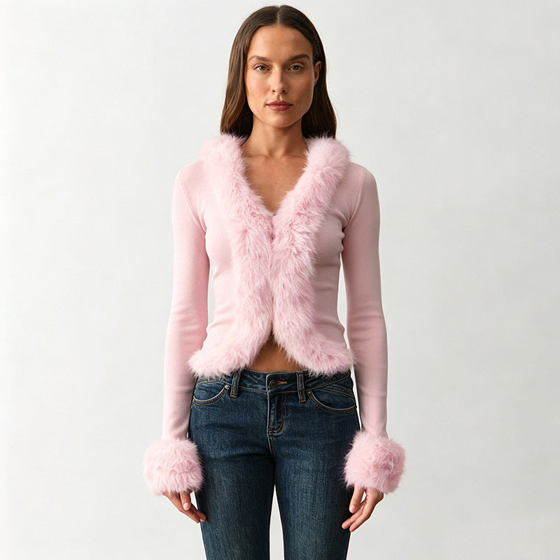 Pink faux fur cardigan with V-neck, long sleeves, open front, fluffy frayed trim