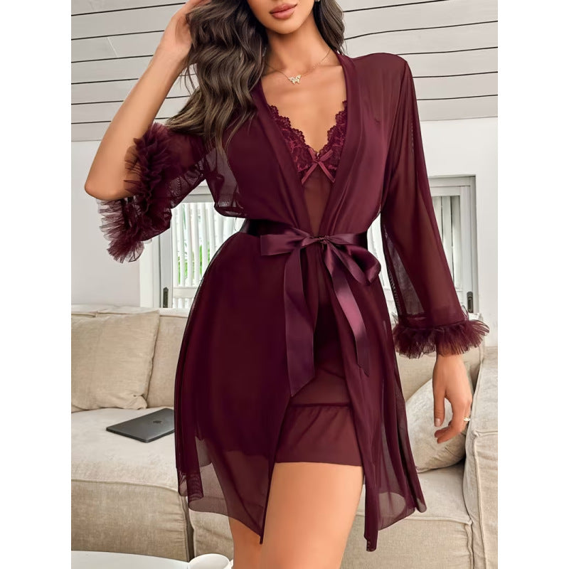 Wine red lace-trim sheer robe with bow belt and ruffled cuffs over slip