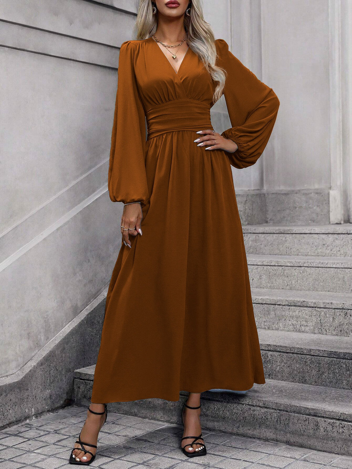 Brown long-sleeve surplice V-neck midi dress with gathered waist and pleated skirt