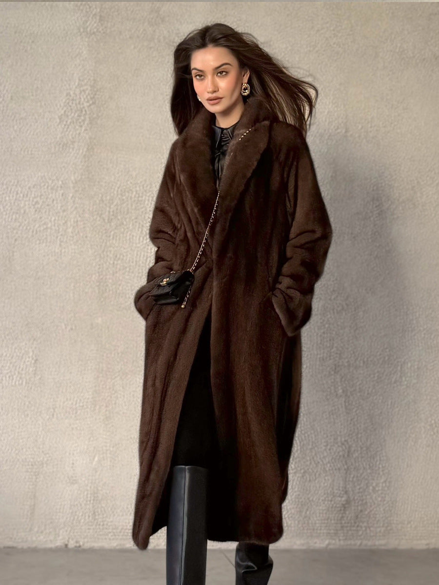 Dark brown long faux fur coat, side view, open front with plush collar