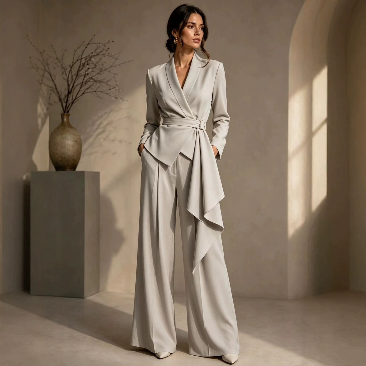Women's crepe pant suit set in light gray, tie-waist wrap blazer with wide-leg trousers