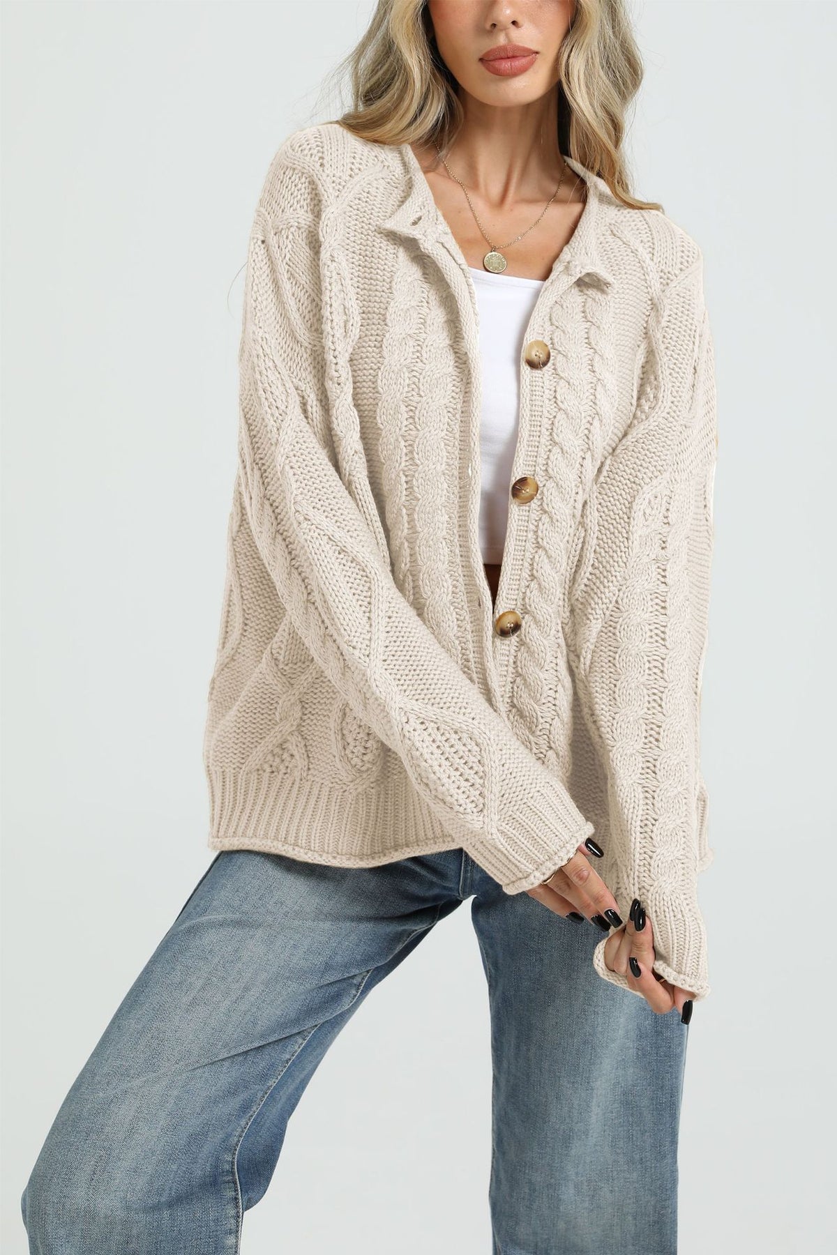 Women’s cable-knit button cardigan in off-white, loose fit, long sleeves