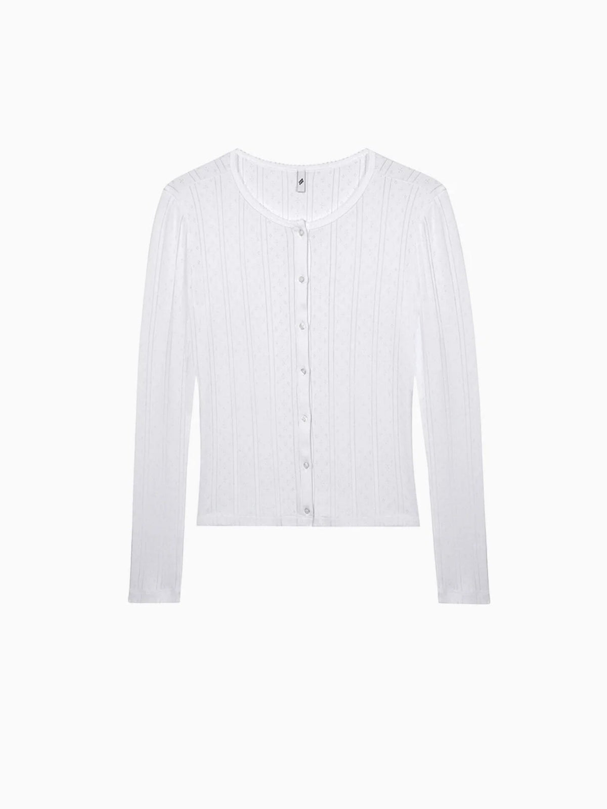 White thin knit cardigan, round neck, long sleeves, front button placket, ribbed texture